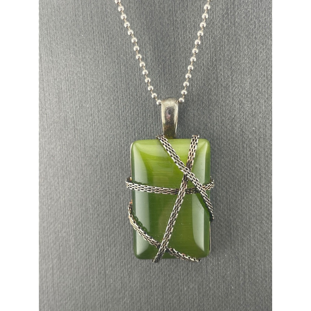 RMN Green Cat's Eye Glass Pendant Necklace Sterling Chain Chatoyant